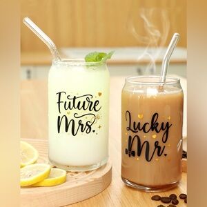 💍 Future Mrs & Lucky Mr Glass Can Set (2pcs + Straws + Brush) — Brand New in Box